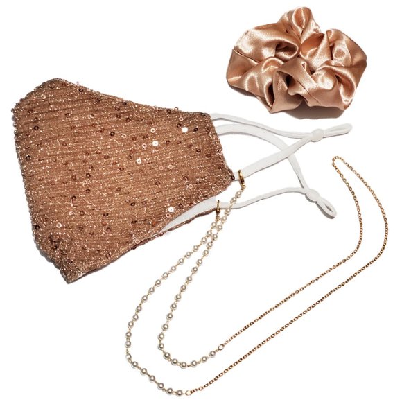 Rosegold glitter mask with pearl chain & scrunchie - Picture 5 of 5